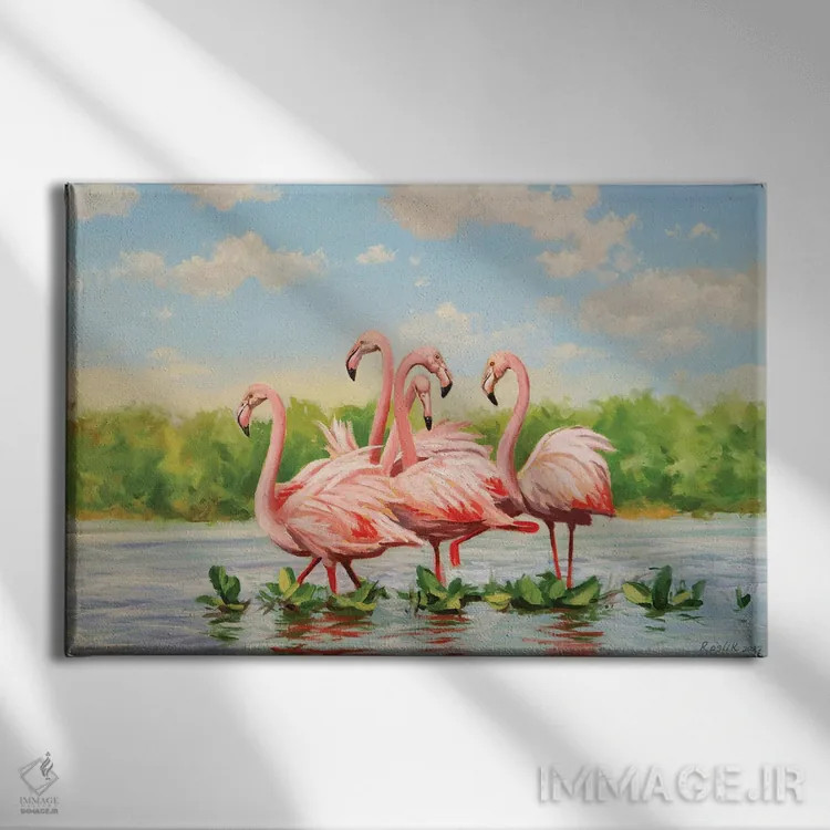 تابلو فلامینگوها اثر اوگنیا روسلیک - نمای روبهرو روی دیوار