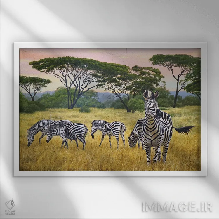 تابلو گورخرها اثر اوگنیا روسلیک - نمای قابدار سفید