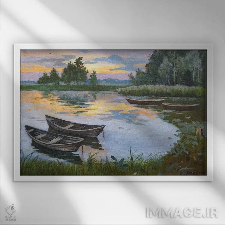 تابلو قایقها در نیزار I اثر اوگنیا روسلیک - نمای قابدار سفید