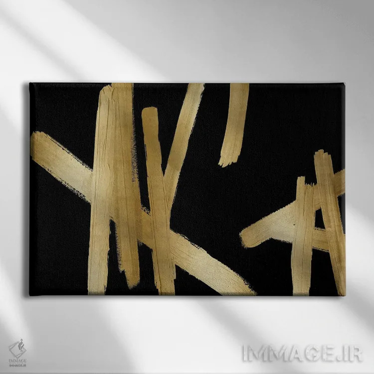 تابلو ضربههای طلایی روی مشکی اثر الی رابرتز - نمای روبهرو روی دیوار