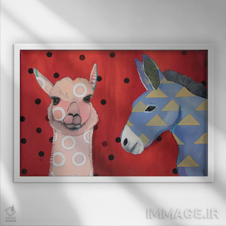 تابلو آلپاکا و الاغ اثر امیلی رید - نمای قابدار سفید