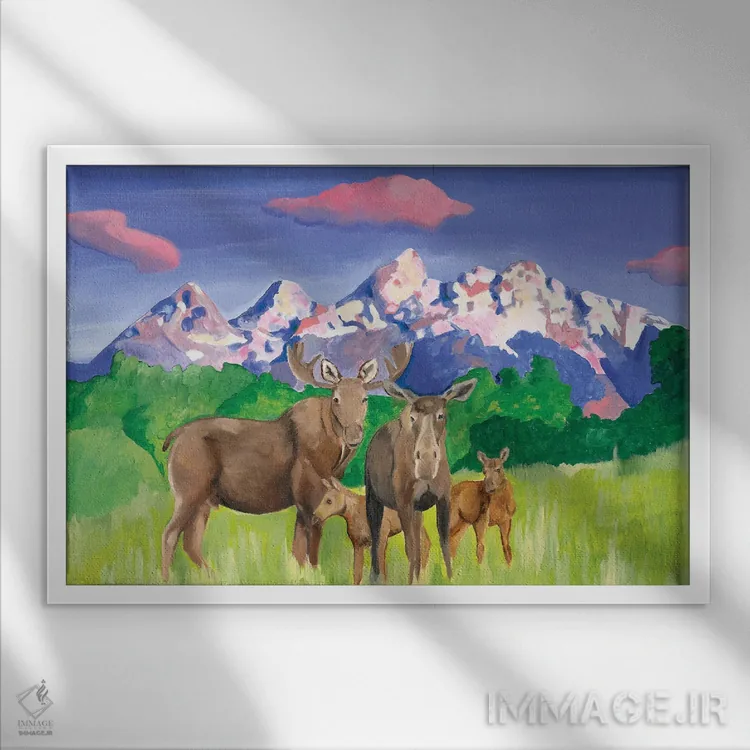 تابلو خانواده گوزن موس گرند تتون اثر امیلی رید - نمای قابدار سفید