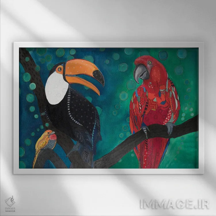 تابلو پرندگان آمازون اثر امیلی رید - نمای قابدار سفید