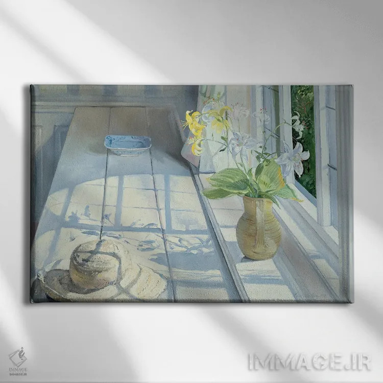 تابلو سوسنها و یک کلاه حصیری اثر تیموتی ایستون - نمای روبهرو روی دیوار