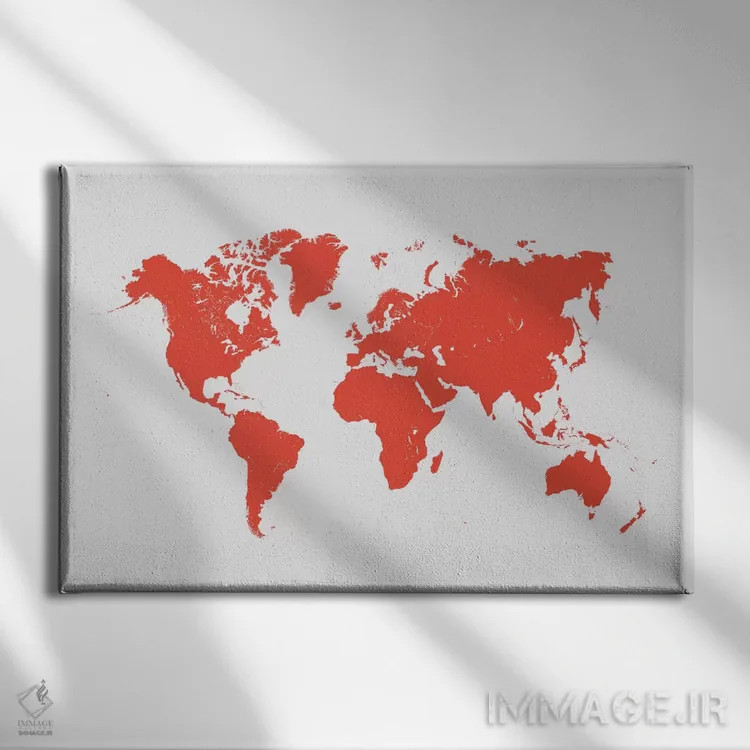 تابلو نقشهٔ شهری جهان (قرمز) اثر اوربانمپ (نقشه شهری؛ استودیو نقشه یا طراح) - نمای روبهرو روی دیوار