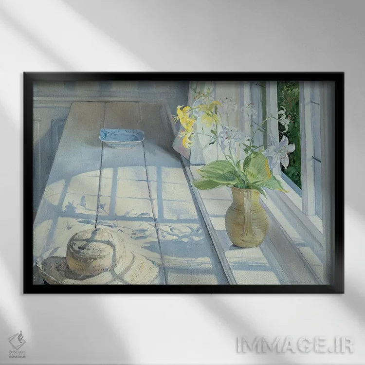 تابلو سوسنها و یک کلاه حصیری اثر تیموتی ایستون - نمای قابدار مشکی