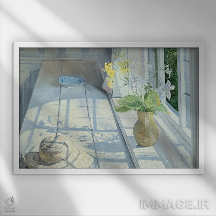 تابلو سوسنها و یک کلاه حصیری اثر تیموتی ایستون - نمای قابدار سفید