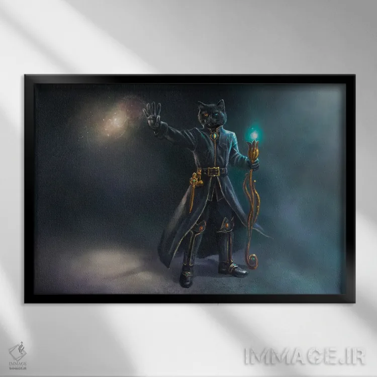 تابلو گربهٔ جادویی سیاه اثر آناستازیا اِوگرافوا - نمای قابدار مشکی