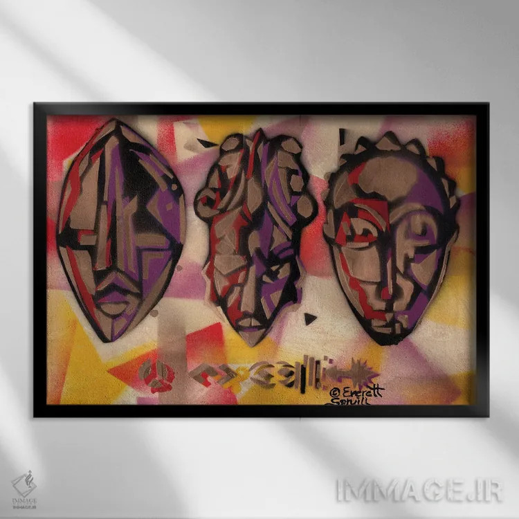 تابلو سه ماسک آفریقایی اثر اورِت اسپرویل - نمای قابدار مشکی