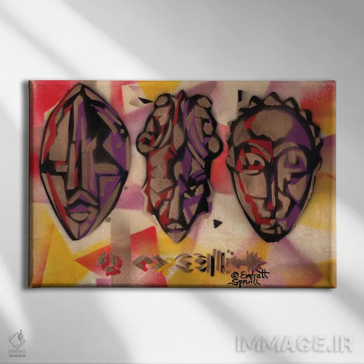 تابلو سه ماسک آفریقایی اثر اورِت اسپرویل - نمای روبهرو روی دیوار