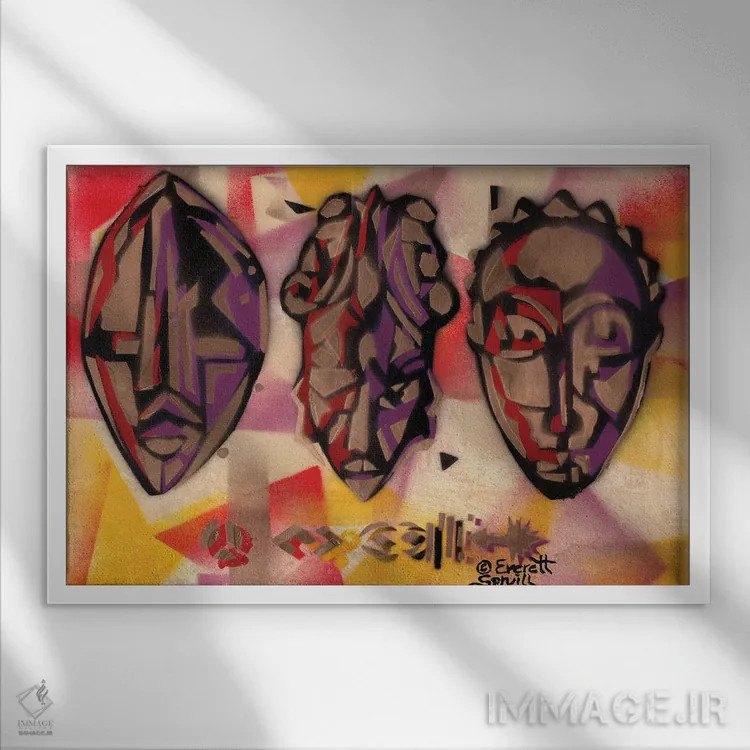 تابلو سه ماسک آفریقایی اثر اورِت اسپرویل - نمای قابدار سفید