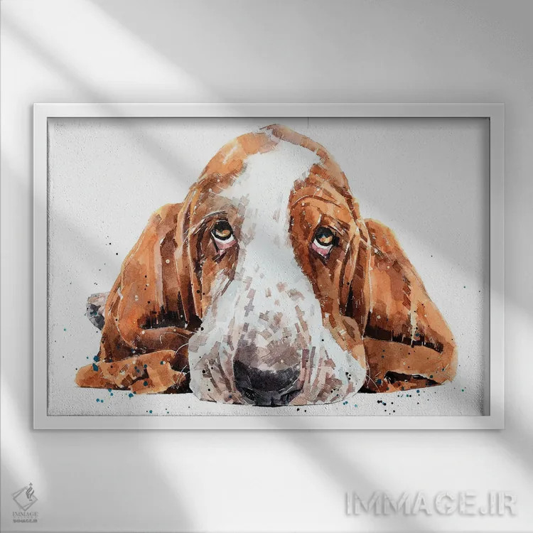 تابلو سگ باست (نژاد سگ) اثر ادز واترکالرز (برند نقاشی آبرنگ) - نمای قابدار سفید