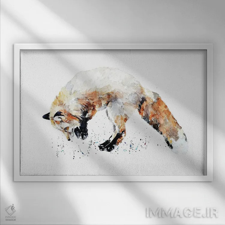 تابلو روباه شکارچی موش ۲ اثر ادز واترکالرز (برند نقاشی آبرنگ) - نمای قابدار سفید