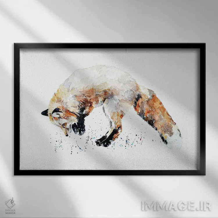 تابلو روباه شکارچی موش ۲ اثر ادز واترکالرز (برند نقاشی آبرنگ) - نمای قابدار مشکی