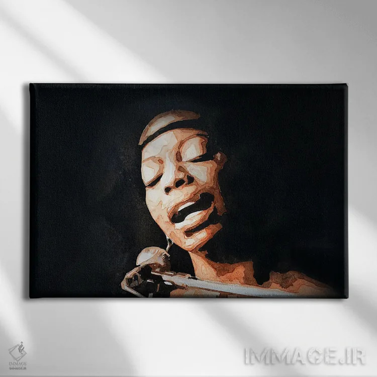 تابلو نینا سیمون (خواننده) اثر ادز واترکالرز (برند نقاشی آبرنگ) - نمای روبهرو روی دیوار