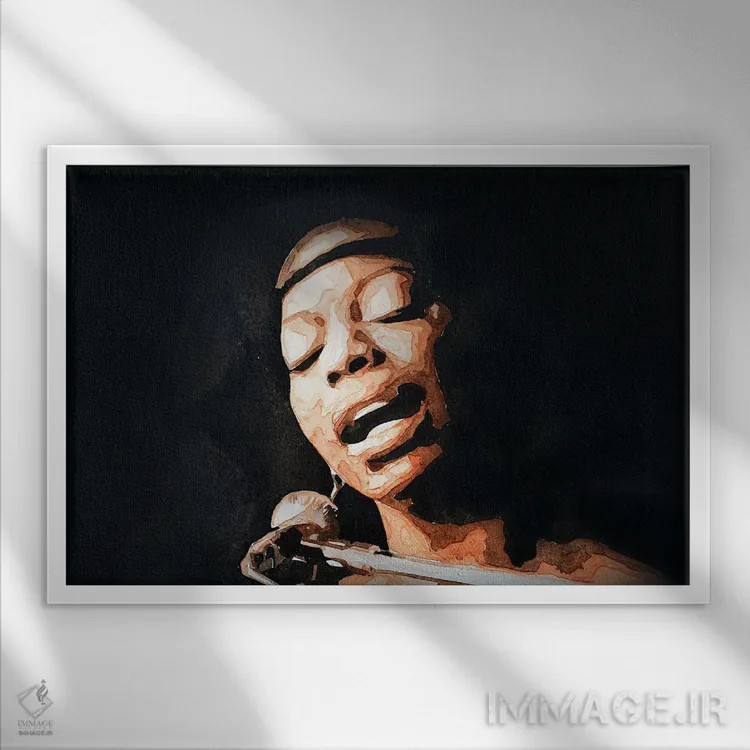 تابلو نینا سیمون (خواننده) اثر ادز واترکالرز (برند نقاشی آبرنگ) - نمای قابدار سفید