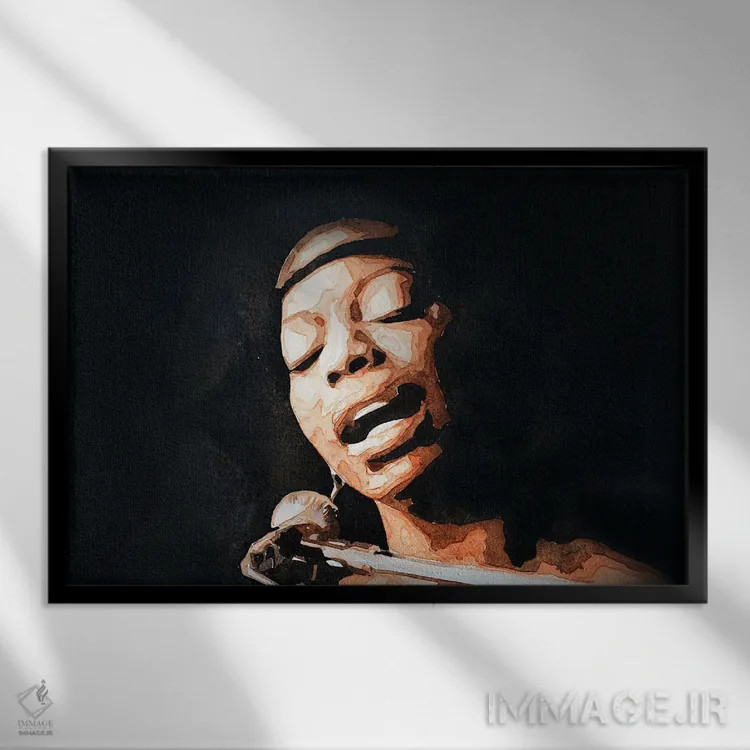 تابلو نینا سیمون (خواننده) اثر ادز واترکالرز (برند نقاشی آبرنگ) - نمای قابدار مشکی