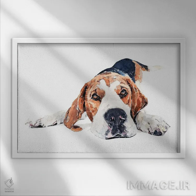 تابلو زمان بازی سگ بیگل اثر ادز واترکالرز (برند نقاشی آبرنگ) - نمای قابدار سفید