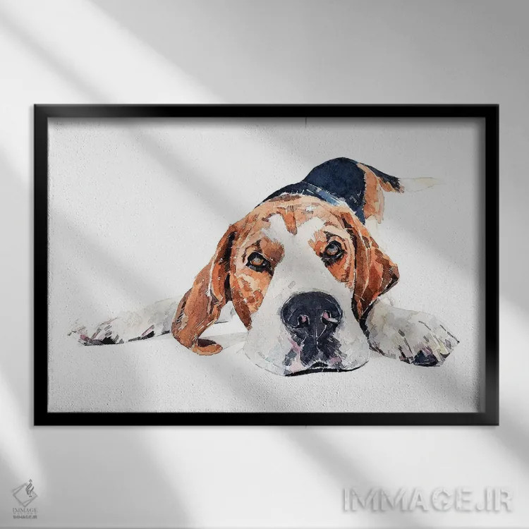 تابلو زمان بازی سگ بیگل اثر ادز واترکالرز (برند نقاشی آبرنگ) - نمای قابدار مشکی