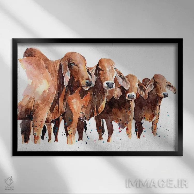 تابلو گاوهای براهمن تگزاسی اثر ادز واترکالرز (برند نقاشی آبرنگ) - نمای قابدار مشکی
