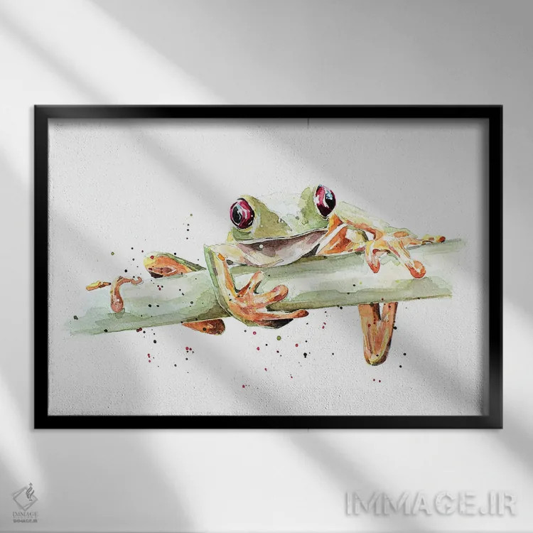 تابلو قورباغه درختی اثر ادز واترکالرز (برند نقاشی آبرنگ) - نمای قابدار مشکی