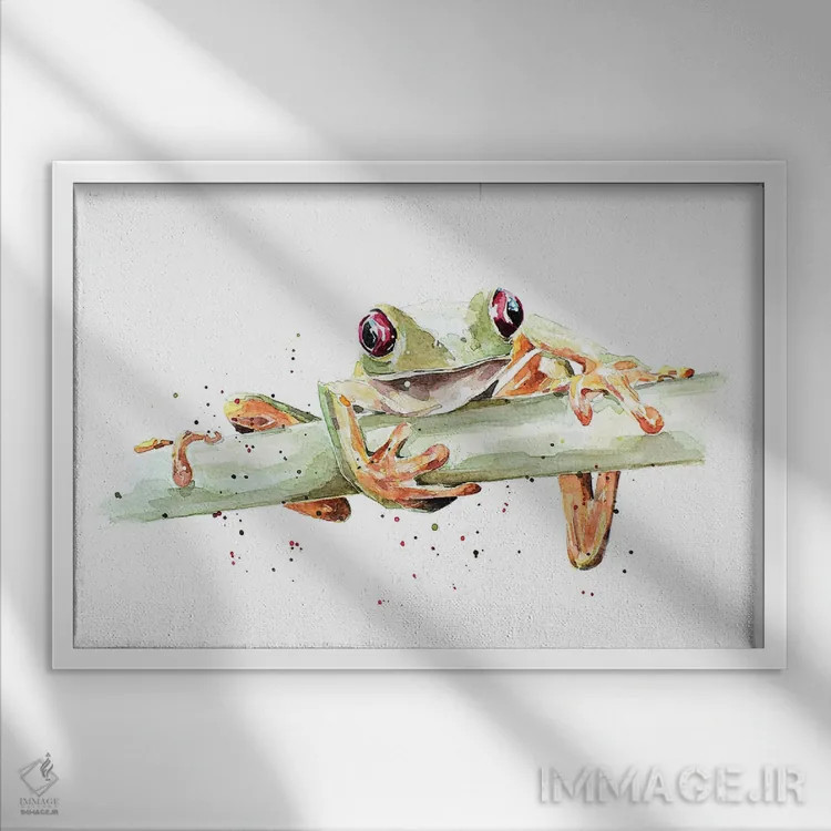 تابلو قورباغه درختی اثر ادز واترکالرز (برند نقاشی آبرنگ) - نمای قابدار سفید