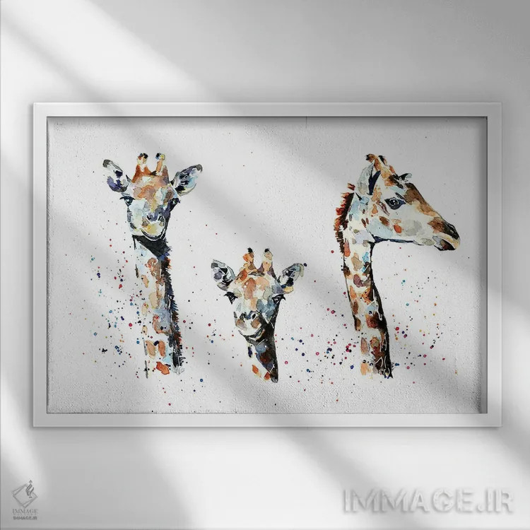 تابلو سه دوست زرافه اثر ادز واترکالرز (برند نقاشی آبرنگ) - نمای قابدار سفید