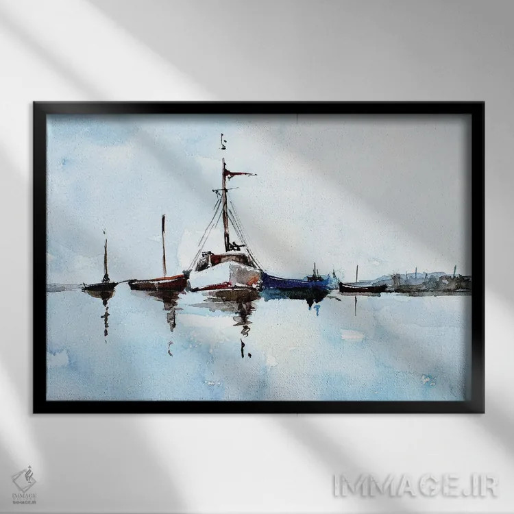 تابلو قایقها اثر ادز واترکالرز (برند نقاشی آبرنگ) - نمای قابدار مشکی
