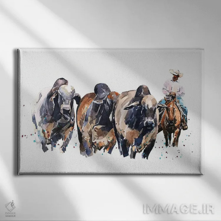 تابلو گاو براهمن و گاوچران اثر ادز واترکالرز (برند نقاشی آبرنگ) - نمای روبهرو روی دیوار