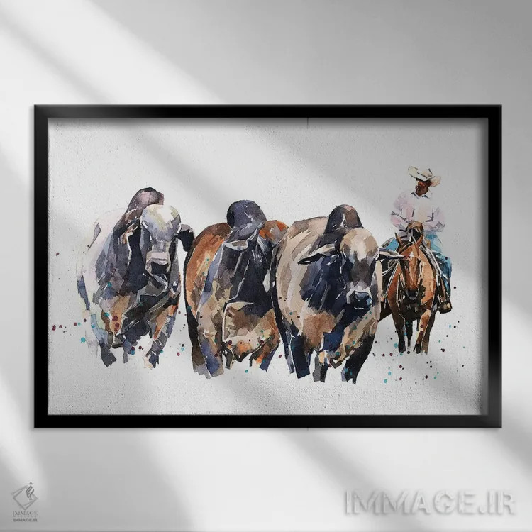 تابلو گاو براهمن و گاوچران اثر ادز واترکالرز (برند نقاشی آبرنگ) - نمای قابدار مشکی