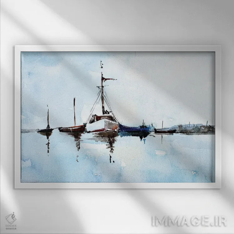 تابلو قایقها اثر ادز واترکالرز (برند نقاشی آبرنگ) - نمای قابدار سفید