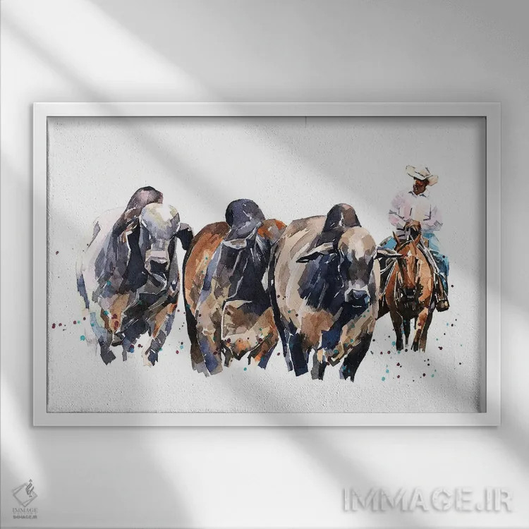 تابلو گاو براهمن و گاوچران اثر ادز واترکالرز (برند نقاشی آبرنگ) - نمای قابدار سفید