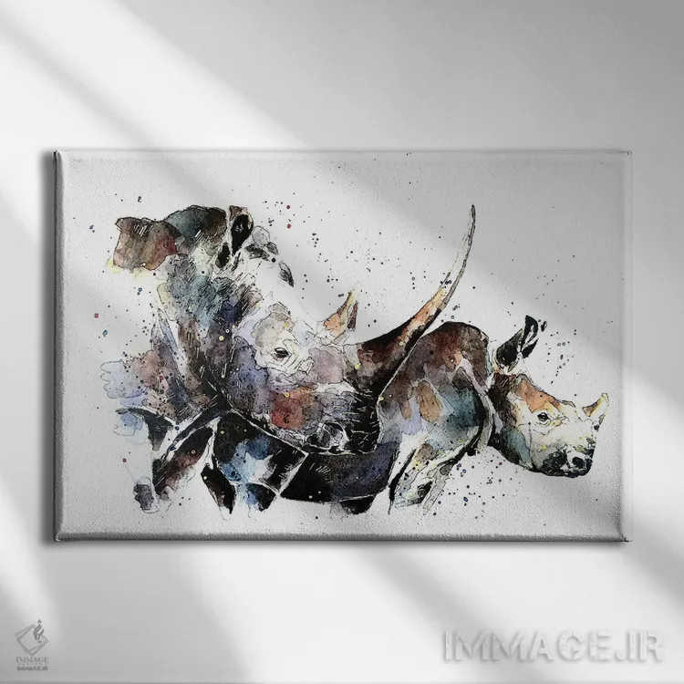 تابلو کرگدنهای دردسرساز دوگانه اثر ادز واترکالرز (برند نقاشی آبرنگ) - نمای روبهرو روی دیوار