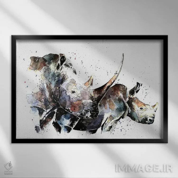 تابلو کرگدنهای دردسرساز دوگانه اثر ادز واترکالرز (برند نقاشی آبرنگ) - نمای قابدار مشکی