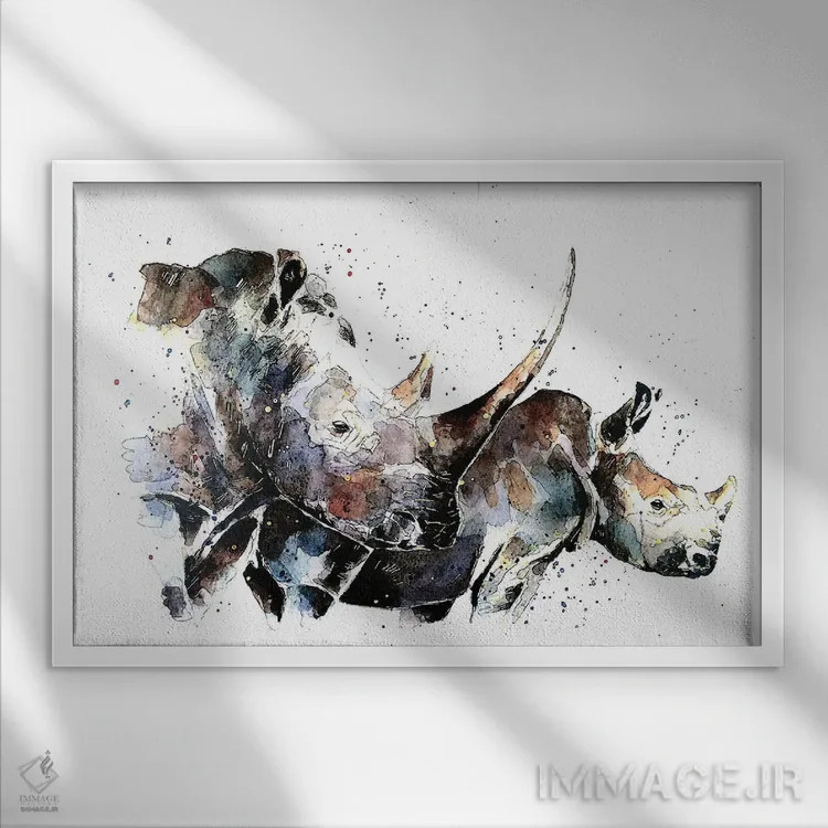 تابلو کرگدنهای دردسرساز دوگانه اثر ادز واترکالرز (برند نقاشی آبرنگ) - نمای قابدار سفید