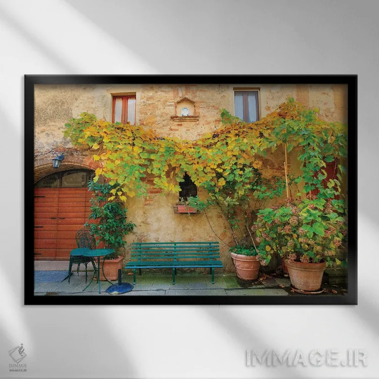 تابلو ایتالیا، توسکانی، استان سینا، کیوسوره. شهر تپهای. رنگهای پاییزی و نیمکت پارک اثر امیلی ویلسون - نمای قابدار مشکی