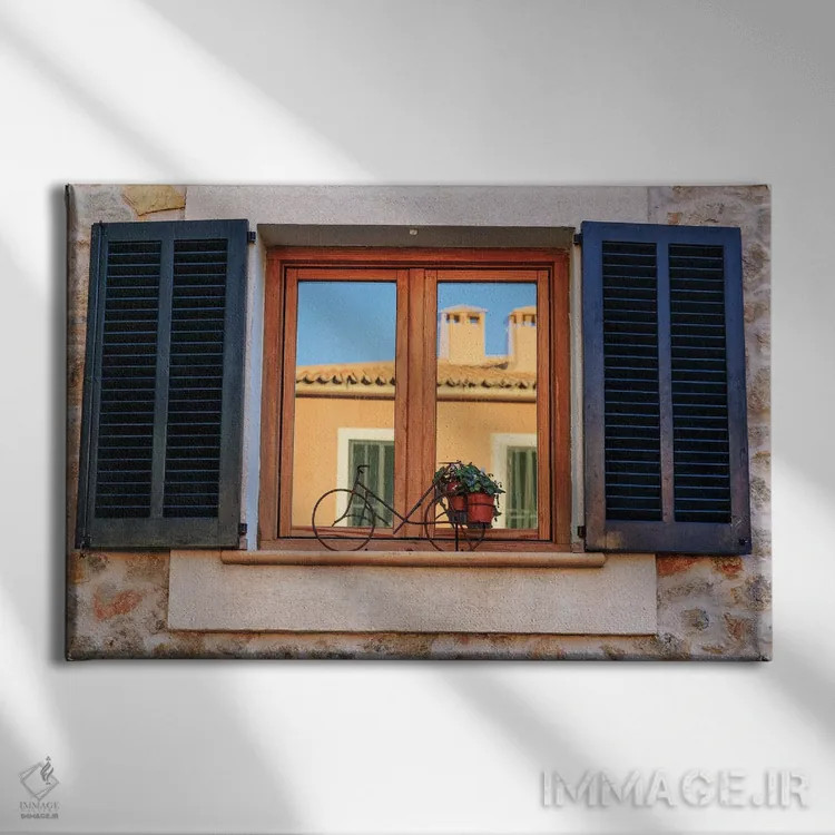 تابلو اسپانیا، جزایر بالئاری، مایورکا. اسپورلس، پنجرههای کرکرهای اثر امیلی ویلسون - نمای روبهرو روی دیوار