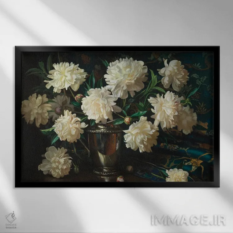 تابلو گلهای صدتومانی و نقره اثر ایوان ویلسون - نمای قابدار مشکی