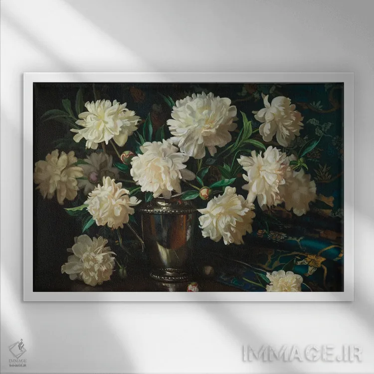 تابلو گلهای صدتومانی و نقره اثر ایوان ویلسون - نمای قابدار سفید