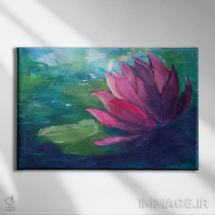 تابلو نیلوفر آبی صورتی اثر مایت فلای آرت اند ایلاستریشن (استودیو طراحی و تصویرگری) - نمای روبهرو روی دیوار