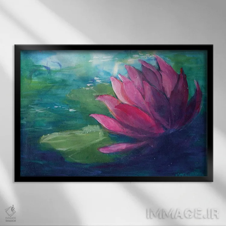 تابلو نیلوفر آبی صورتی اثر مایت فلای آرت اند ایلاستریشن (استودیو طراحی و تصویرگری) - نمای قابدار مشکی