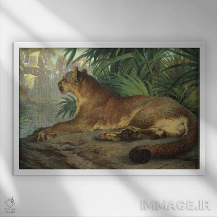 تابلو شیر و اگرتها (نوعی پرنده) اثر ازرا تاکر - نمای قابدار سفید