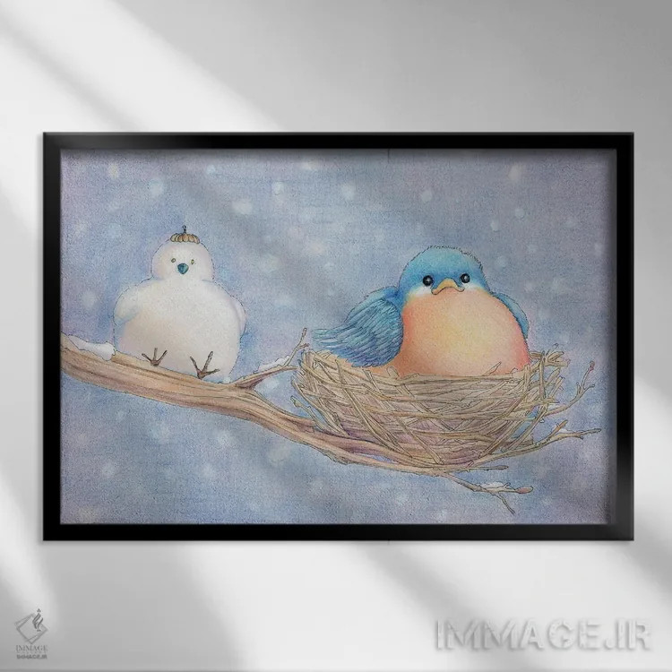 تابلو پرنده آبی تنها اثر مایت فلای آرت اند ایلاستریشن (استودیو طراحی و تصویرگری) - نمای قابدار مشکی