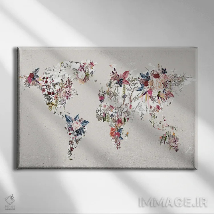 تابلو نقشه جهان گلدار ۲ اثر دیزاین فابریکن (استودیو طراحی دانمارکی) - نمای روبهرو روی دیوار