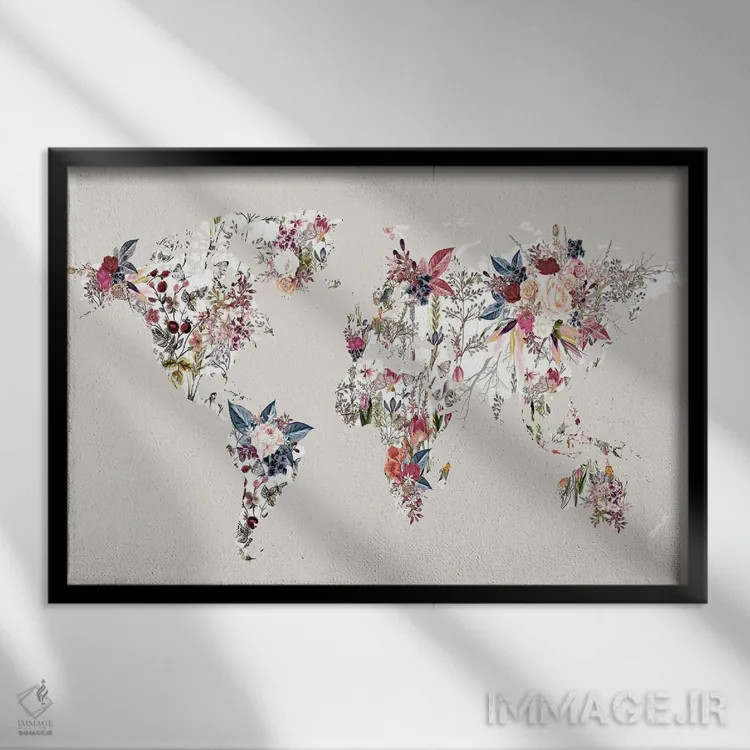 تابلو نقشه جهان گلدار ۲ اثر دیزاین فابریکن (استودیو طراحی دانمارکی) - نمای قابدار مشکی