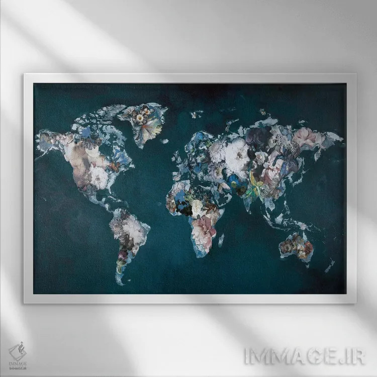 تابلو نقشه جهان مد سطح بالا (Haute Couture) اثر دیزاین فابریکن (استودیو طراحی دانمارکی) - نمای قابدار سفید