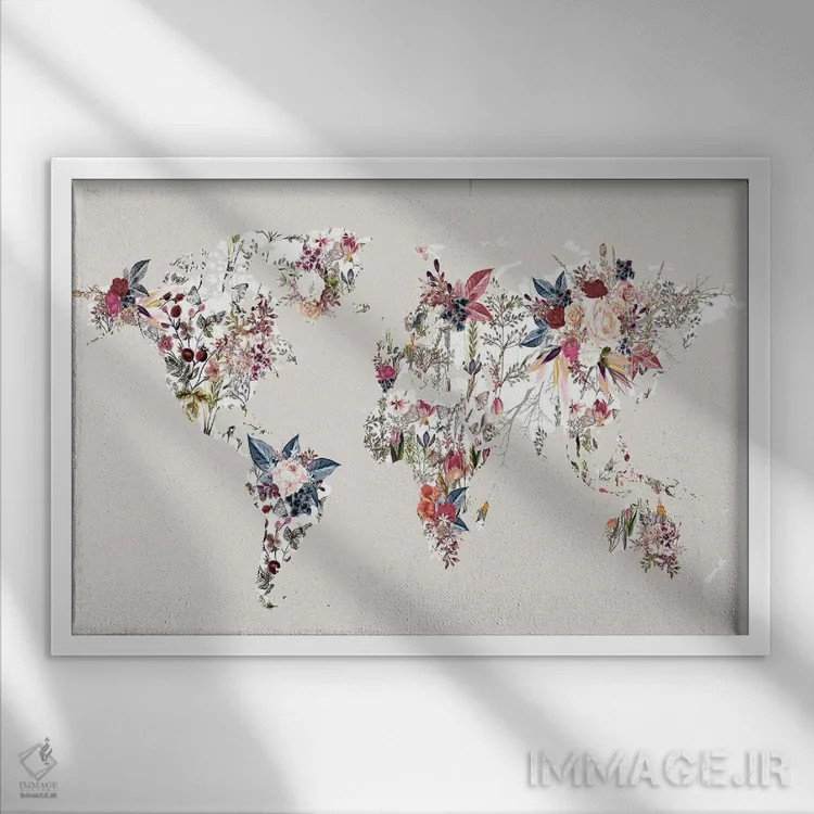 تابلو نقشه جهان گلدار ۲ اثر دیزاین فابریکن (استودیو طراحی دانمارکی) - نمای قابدار سفید