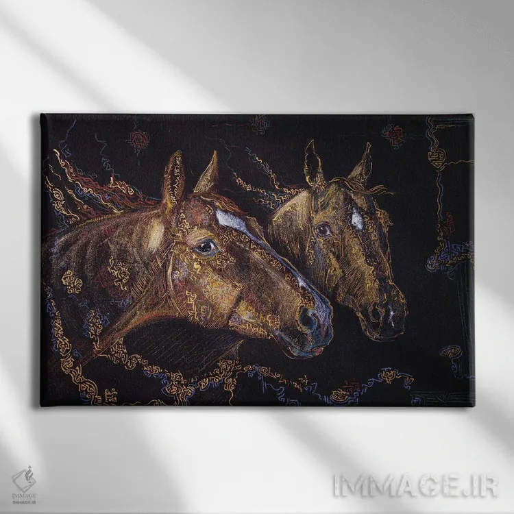 تابلو دو اسب طلایی اثر فافا کورولوا - نمای روبهرو روی دیوار