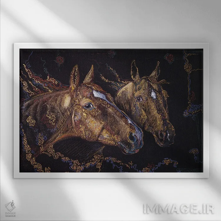 تابلو دو اسب طلایی اثر فافا کورولوا - نمای قابدار سفید