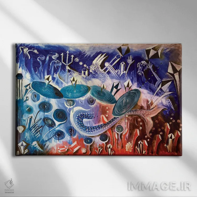 تابلو اشکال آبستره رنگارنگ دو اثر فرانتیشک فلوریان - نمای روبهرو روی دیوار